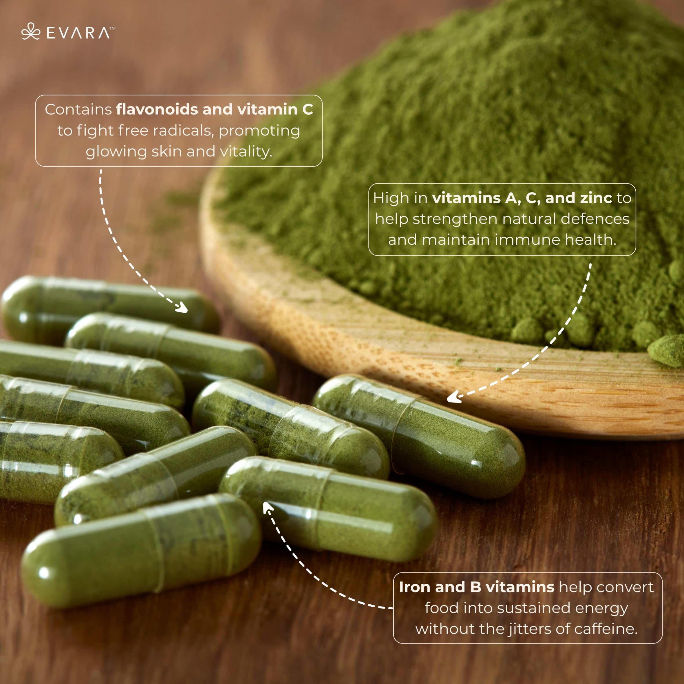 USDA Organic, Vegan, Gluten-Free, Dairy-Free label on EVARA Moringa Capsules