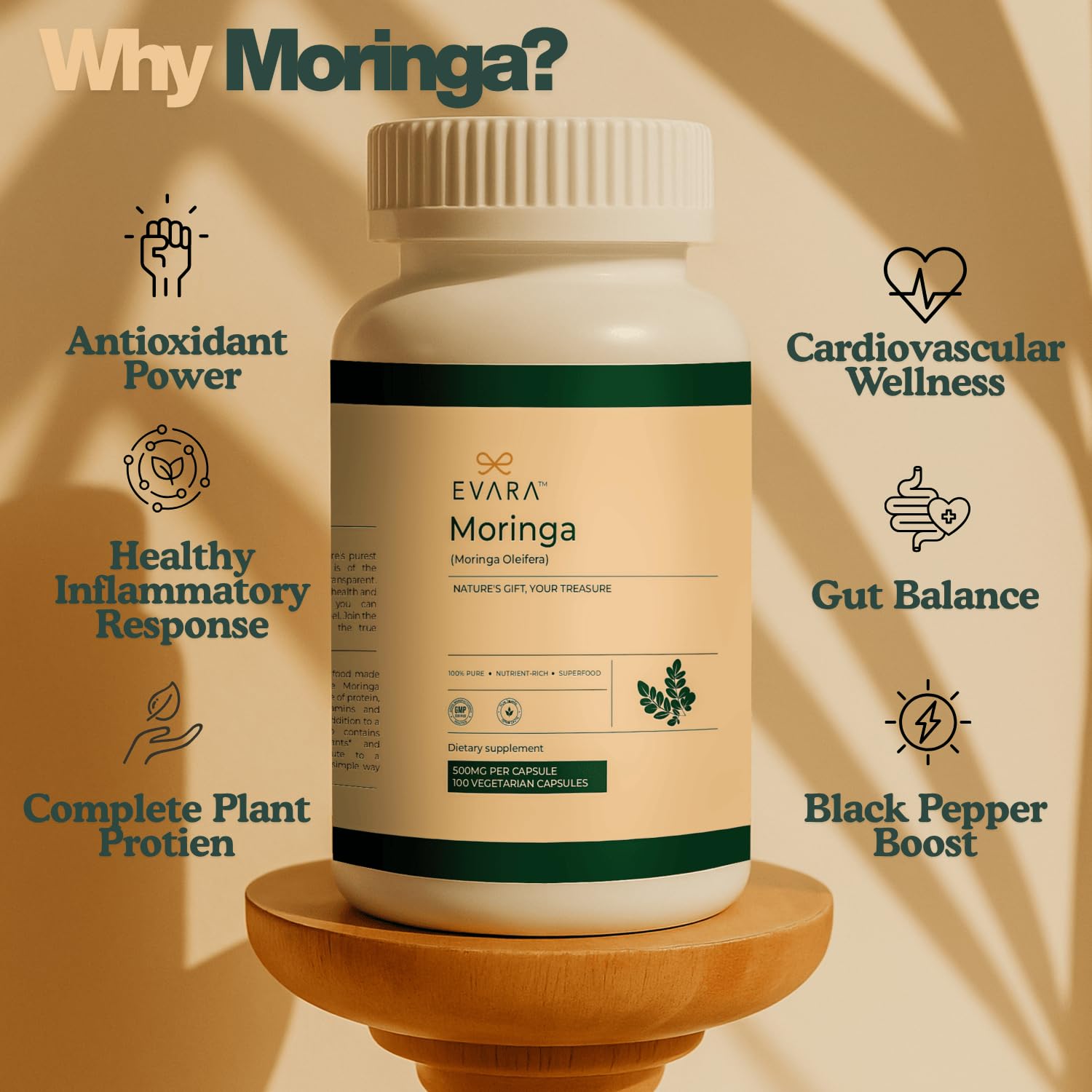 EVARA Moringa Capsules 100-count bottle packaging