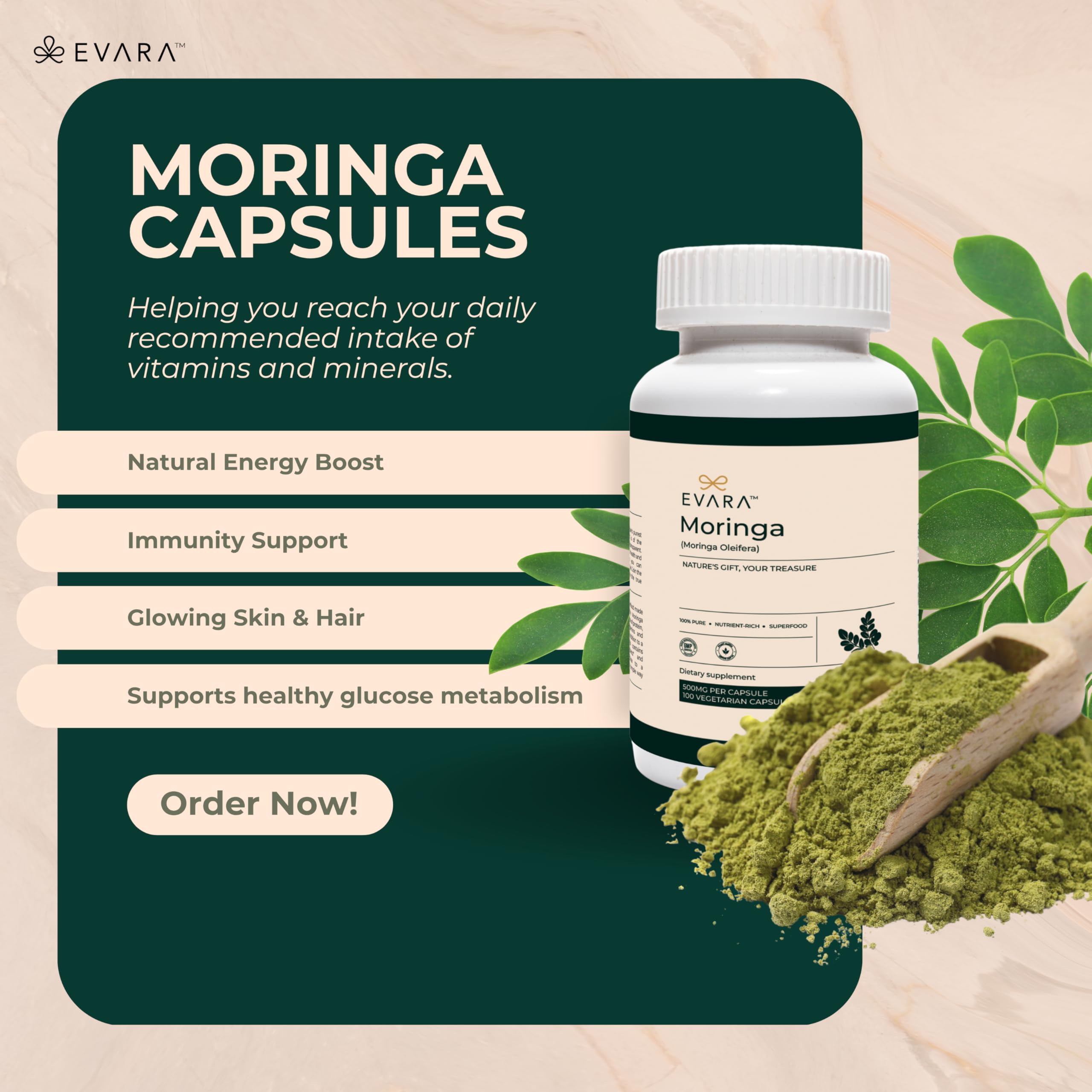Handpicked moringa leaves from EVARA's farm in India