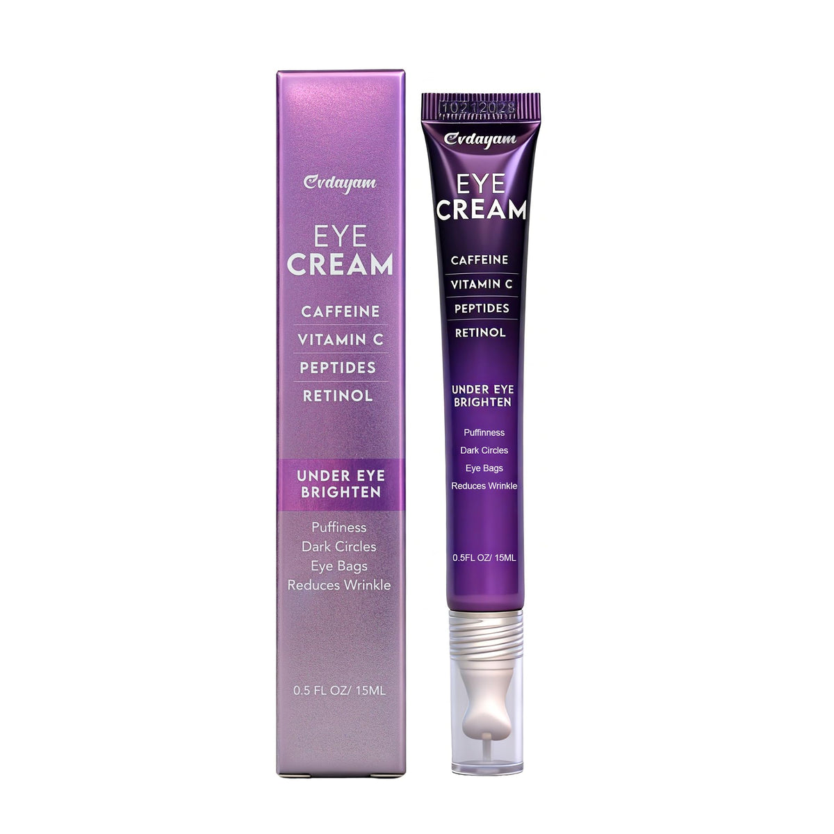 Evdayam caffeine eye cream bottle front brightening under-eye area.
