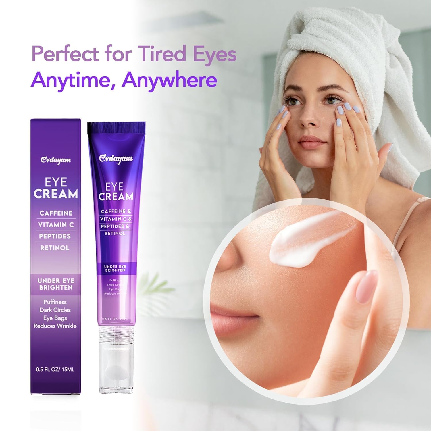 Evdayam caffeine eye cream in makeup bag for daily use.