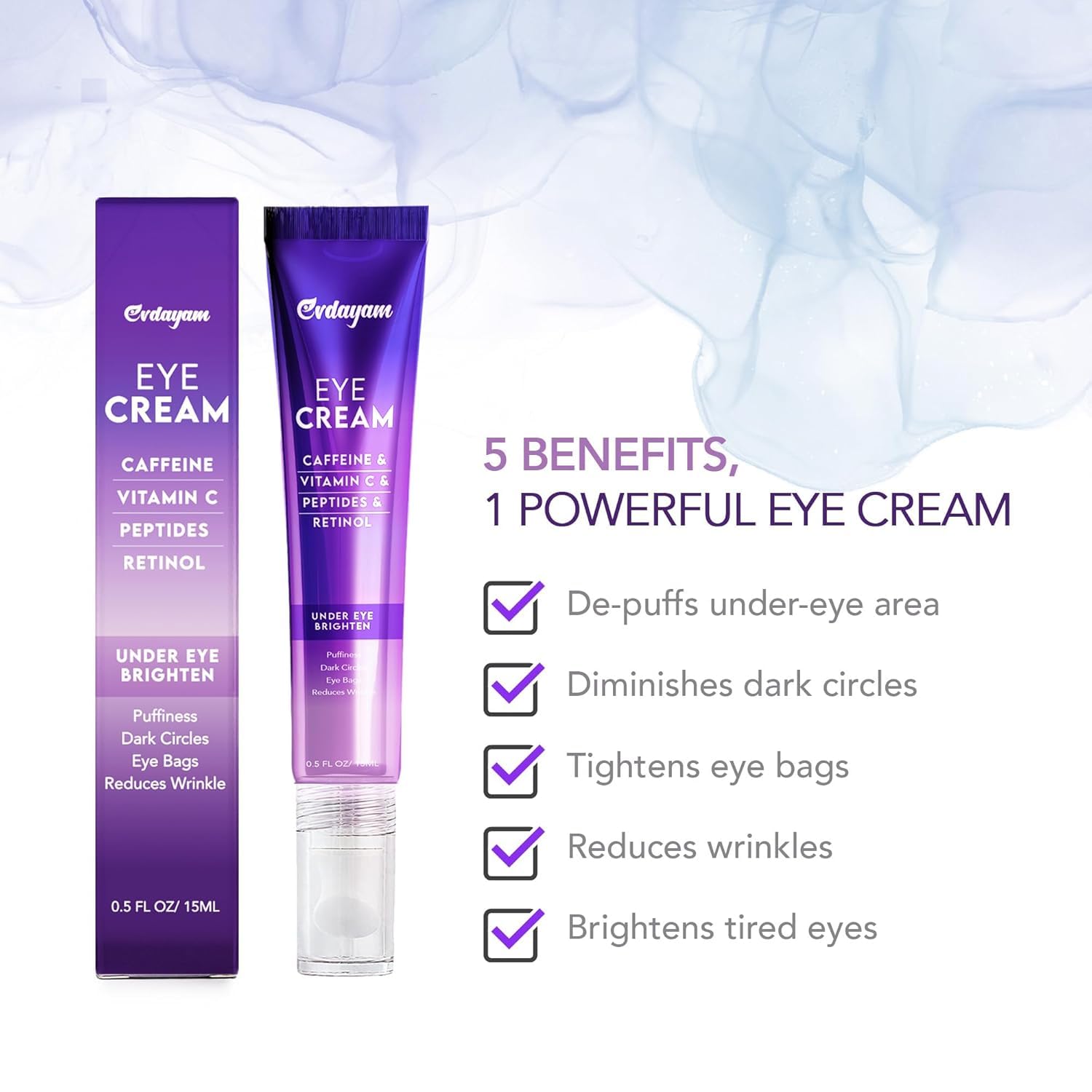Evdayam caffeine eye cream texture close-up creamy lightweight formula.