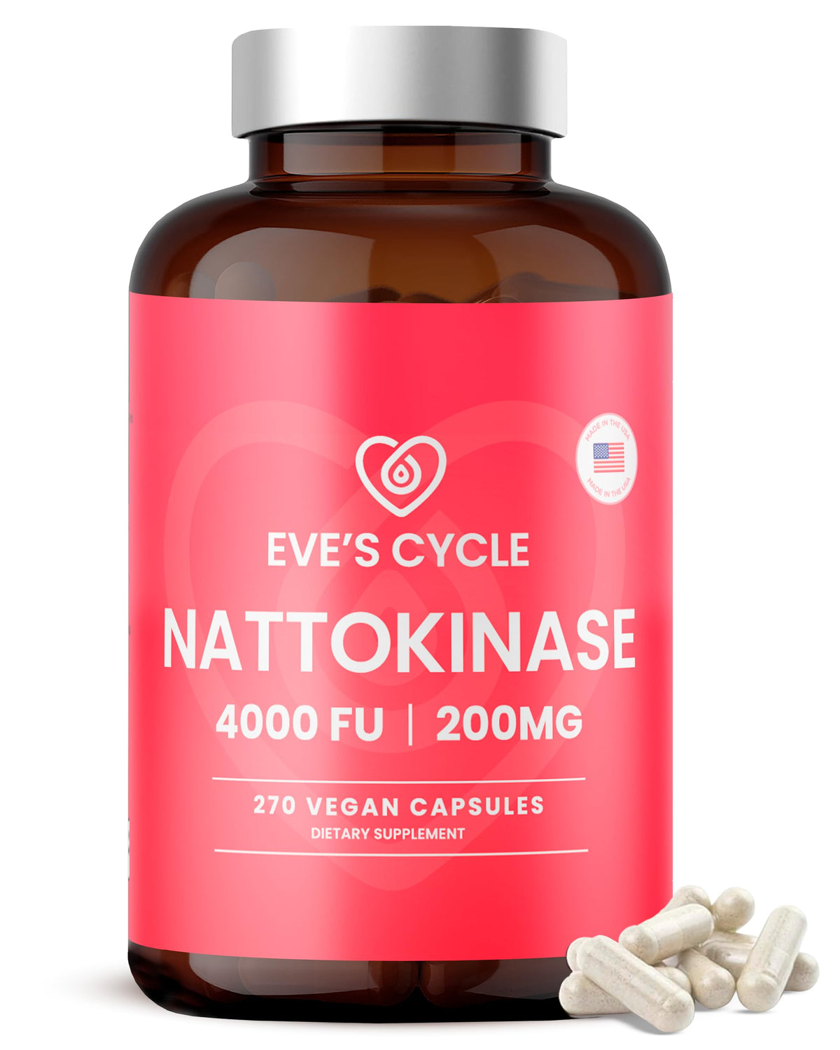 Bottle of Eve's Cycle Nattokinase 4000 FU with 270 vegan natto capsules