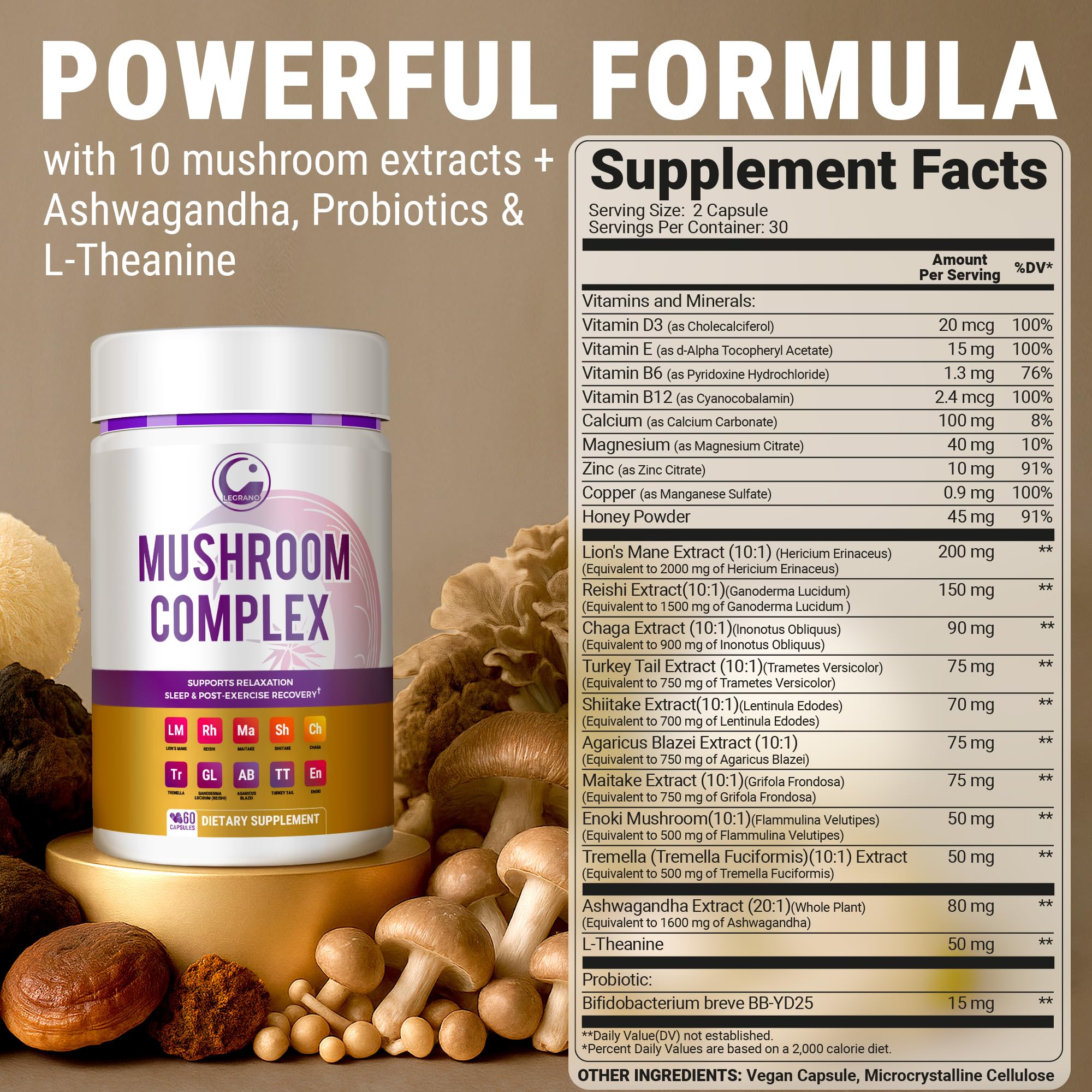 Close-up of Evening Mushroom Capsules bottle label