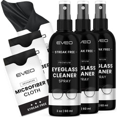 EVEO eyeglass cleaner spray bottle front view in a 3-pack