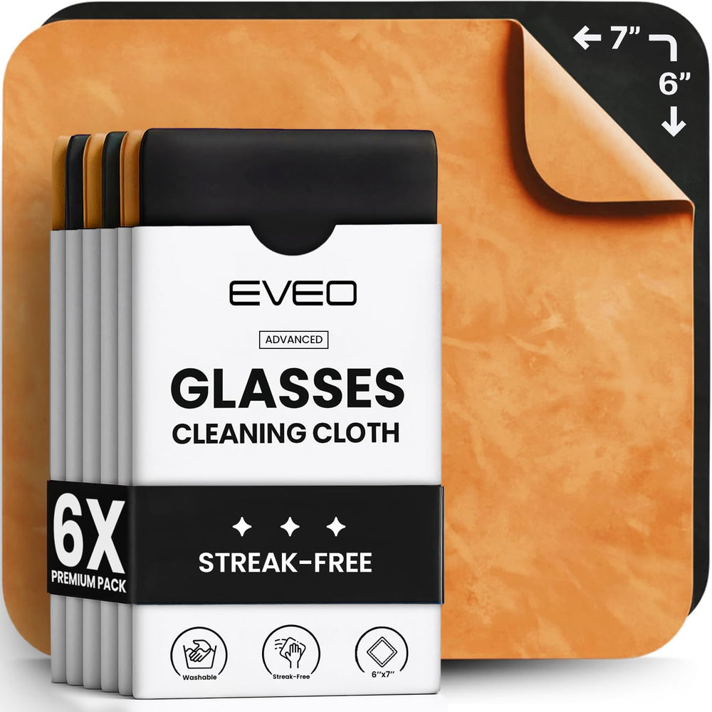 EVEO 6-pack packaging for glasses cleaning cloth in black and orange