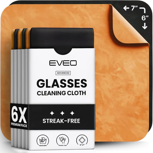 EVEO 6-pack packaging for glasses cleaning cloth in black and orange