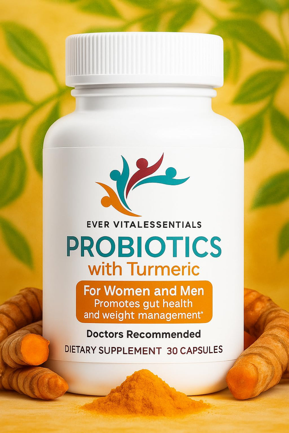 Front view of EVER VITALESSENTIALS LLC Probiotics with Turmeric bottle