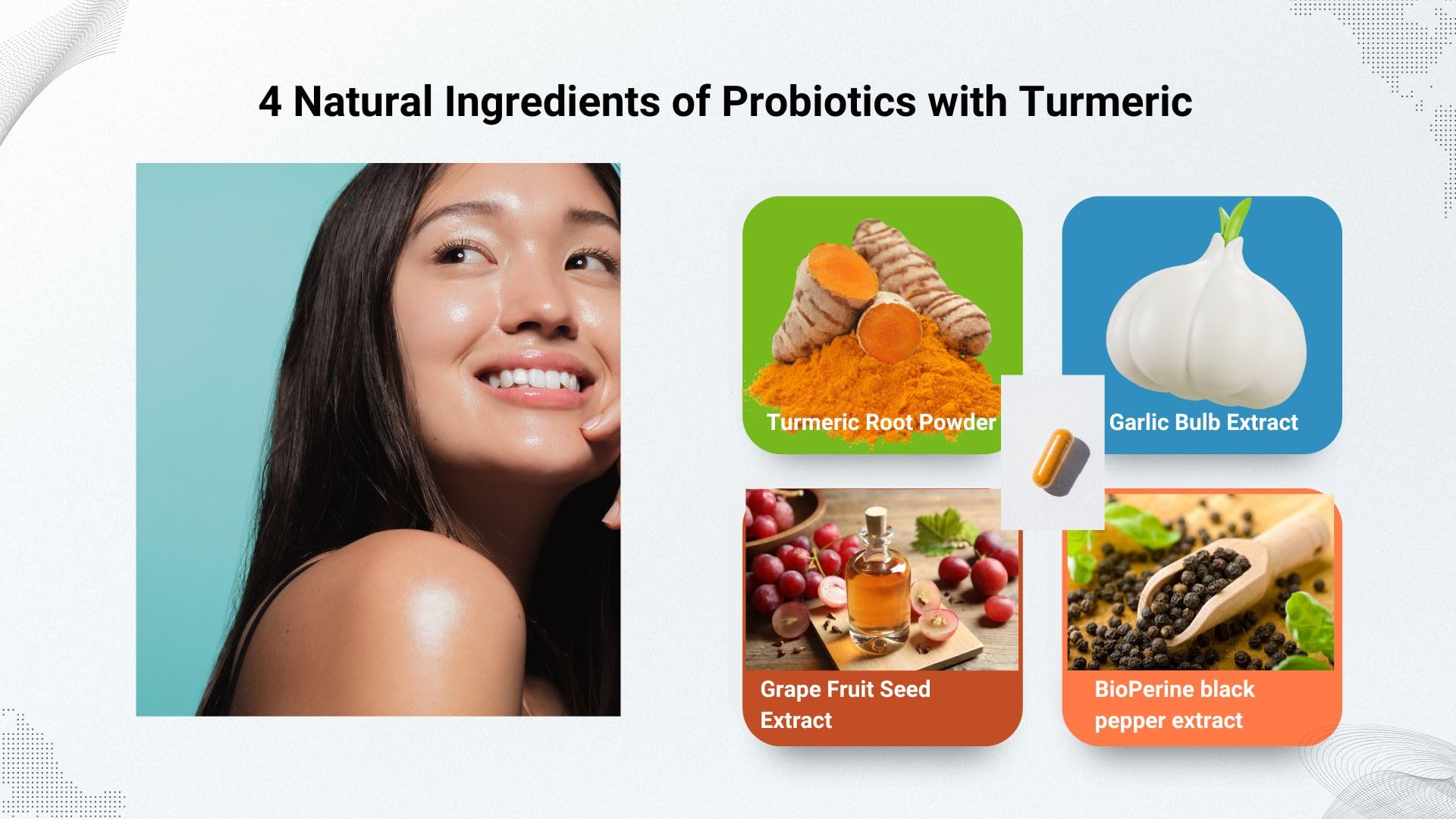 Ingredients highlighted including folate, turmeric, and probiotics
