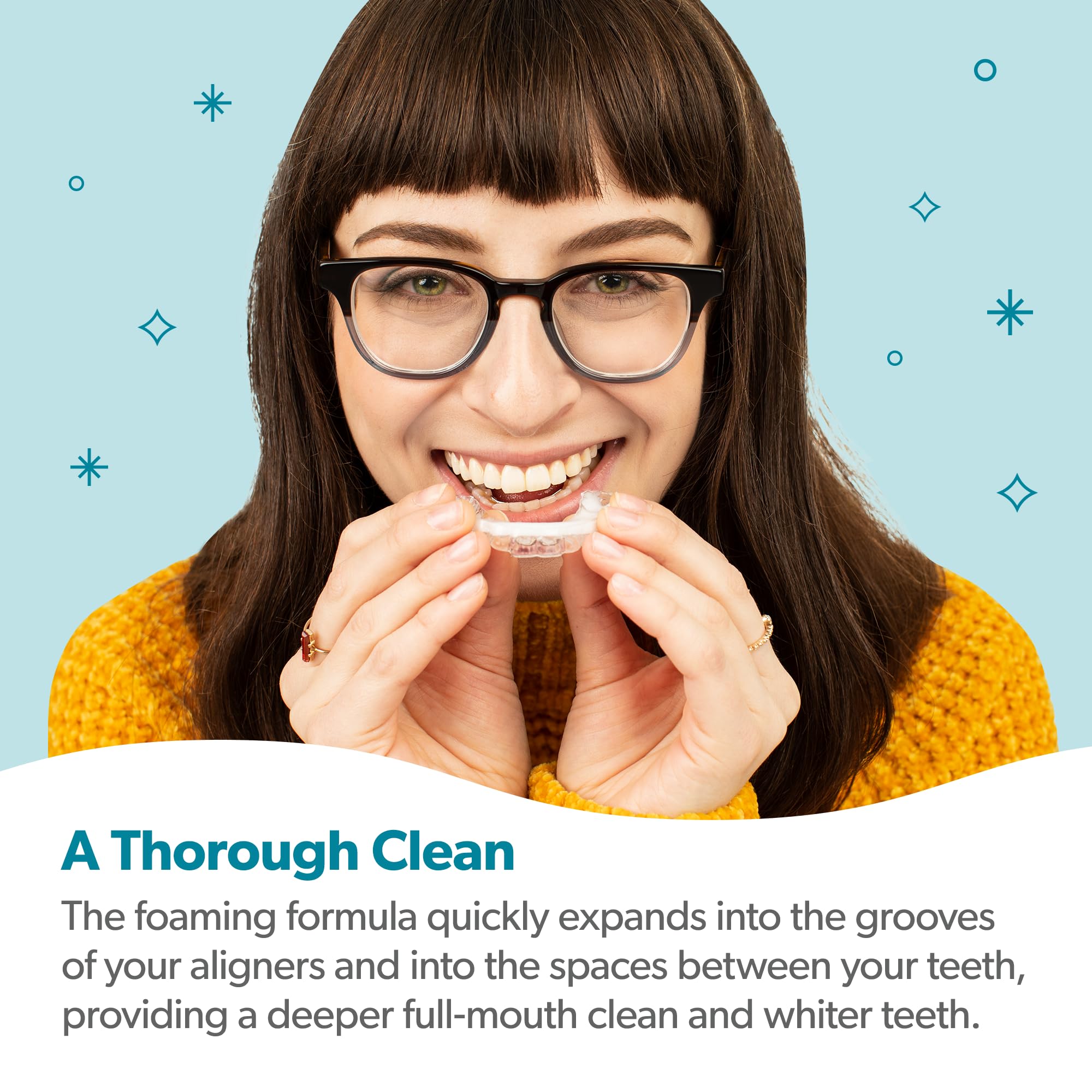 Teeth and aligners showing cleanliness and whitening results