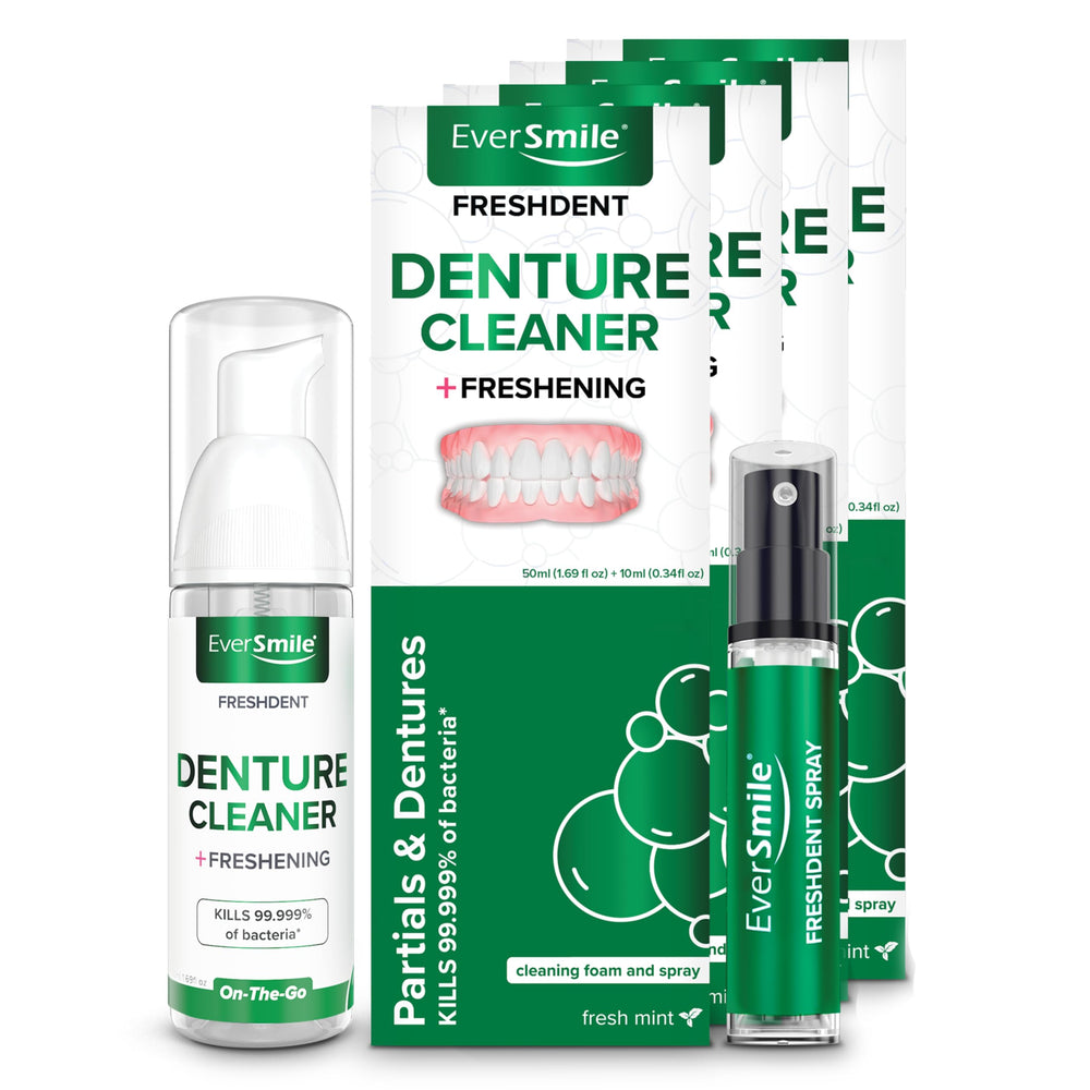 EverSmile FreshDent denture cleaner foam and spray travel-size 4-pack front view