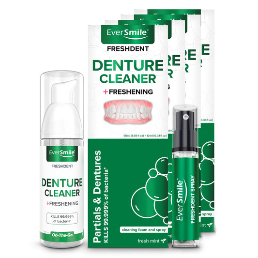 EverSmile FreshDent denture cleaner foam and spray travel-size 4-pack front view