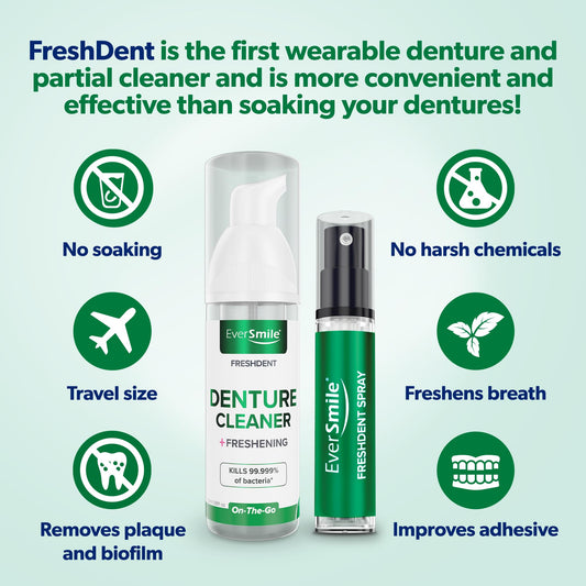 FreshDent foam application being applied to dentures.