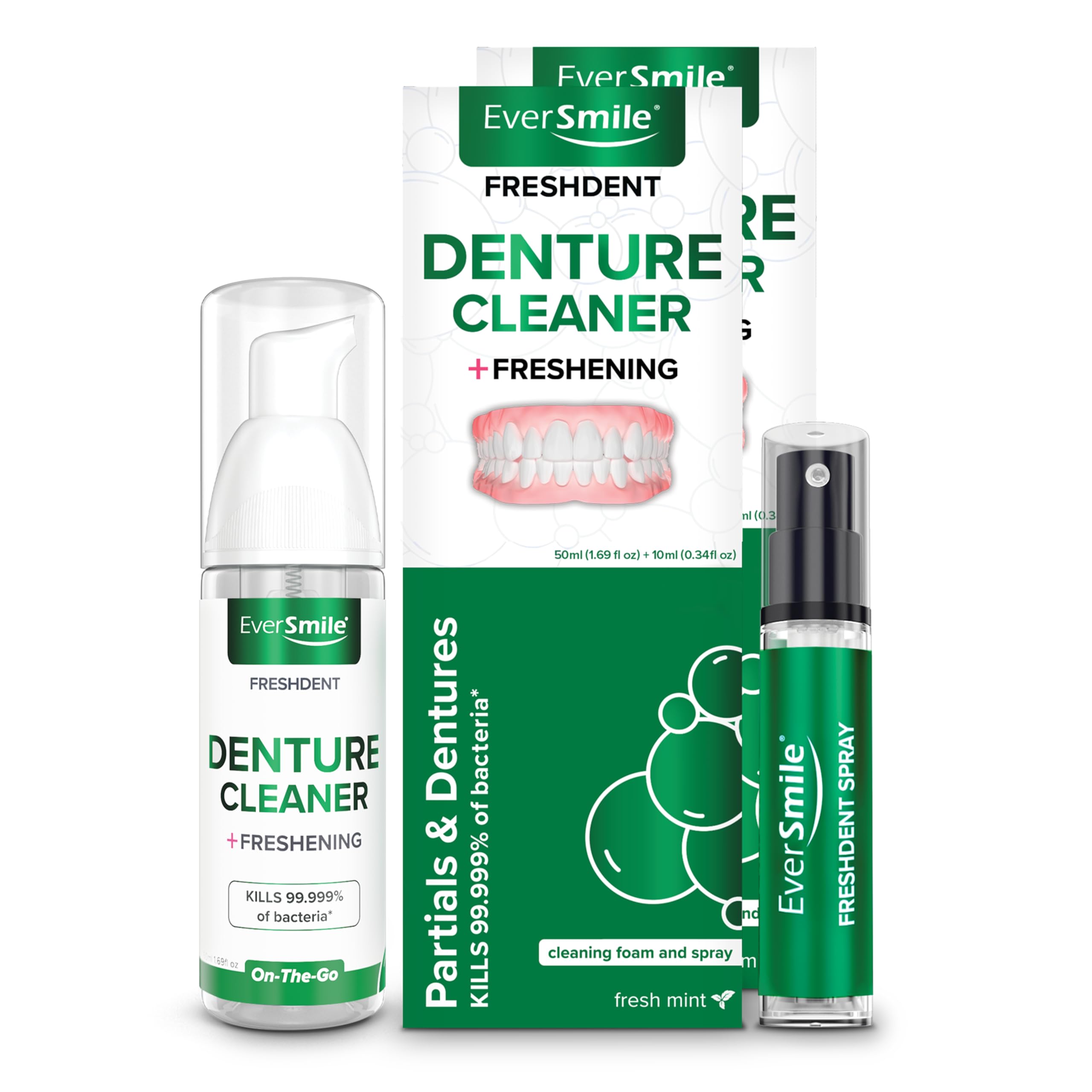 Front view of EverSmile FreshDent denture cleaner duo package (foam and spray).