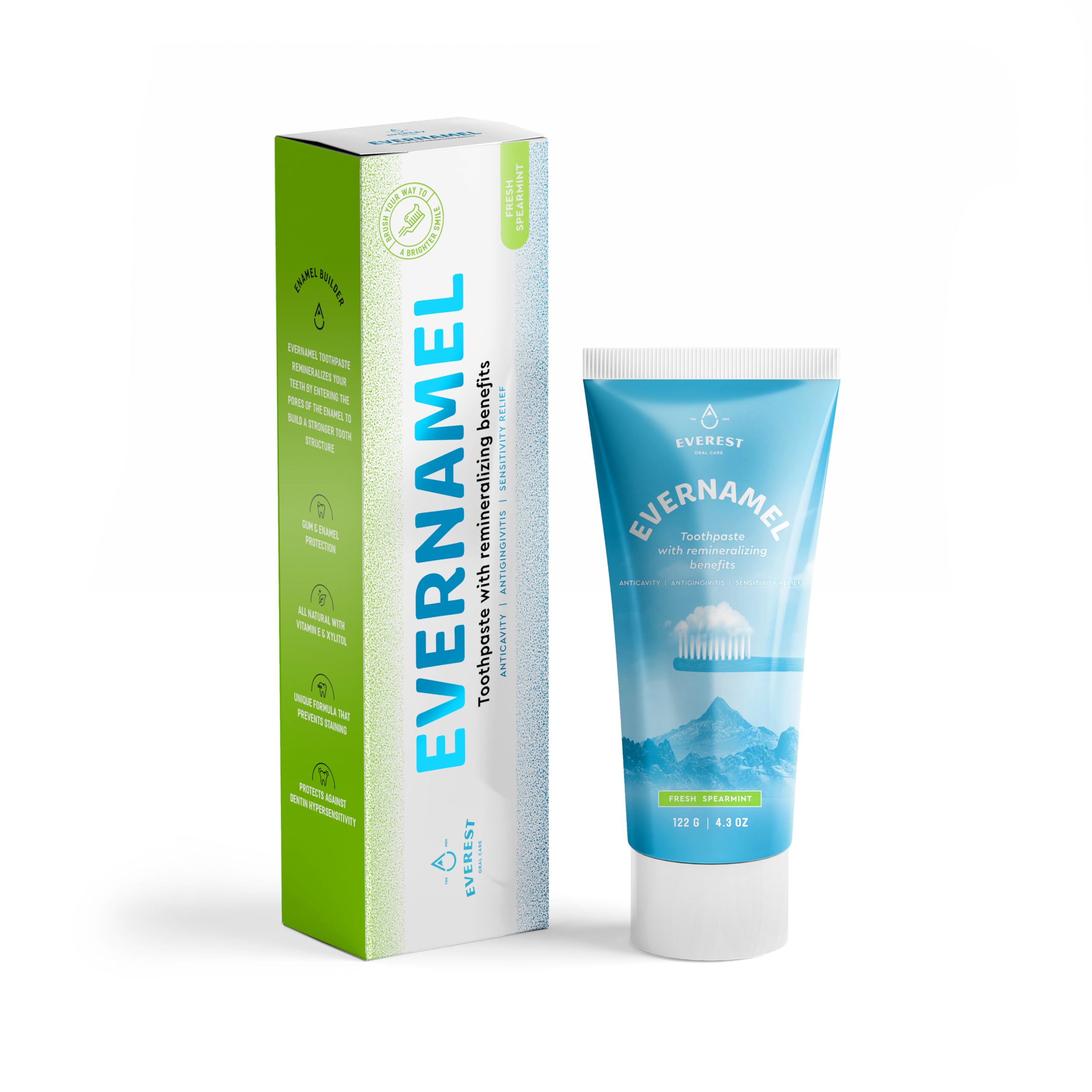 Evernamel toothpaste tube displaying Fresh Spearmint flavor, 4.3 oz