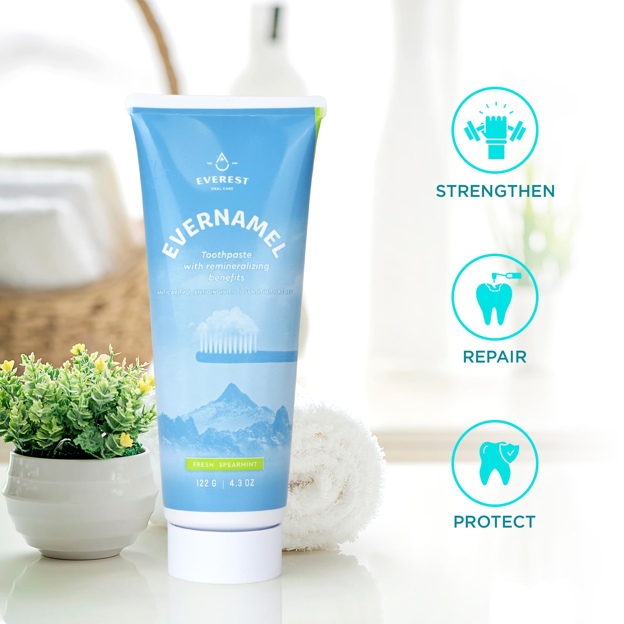 Close-up of Evernamel toothpaste tube label with Fresh Spearmint