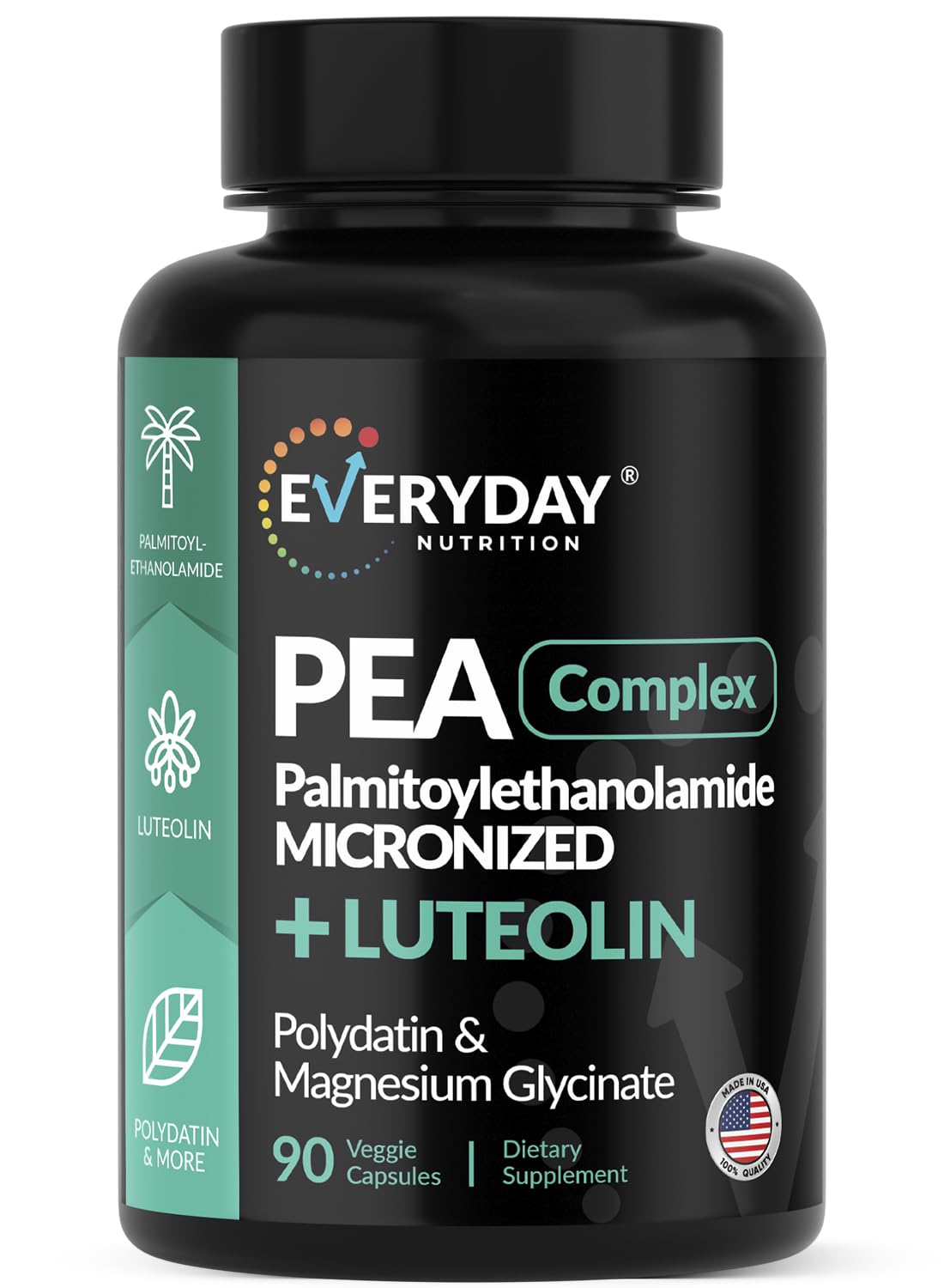 Product bottle front of EVERYDAY NUTRITION Palmitoylethanolamide 400 mg + Luteolin, Polydatin & Magnesium Glycinate