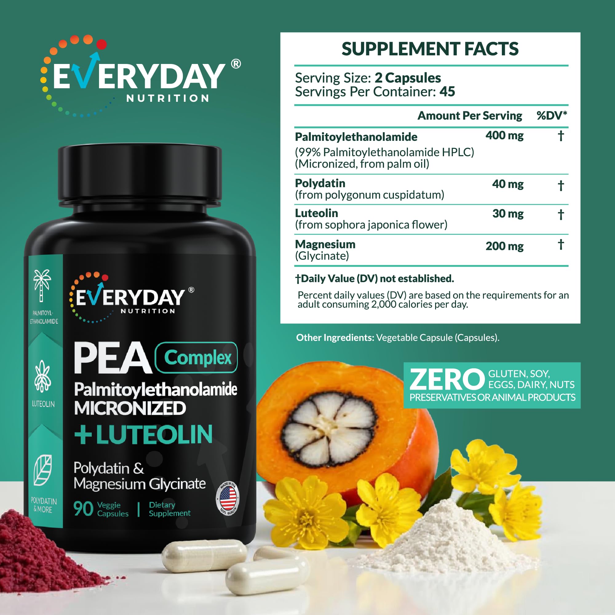 Product label showing 400 mg PEA, luteolin, polydatin and magnesium glycinate