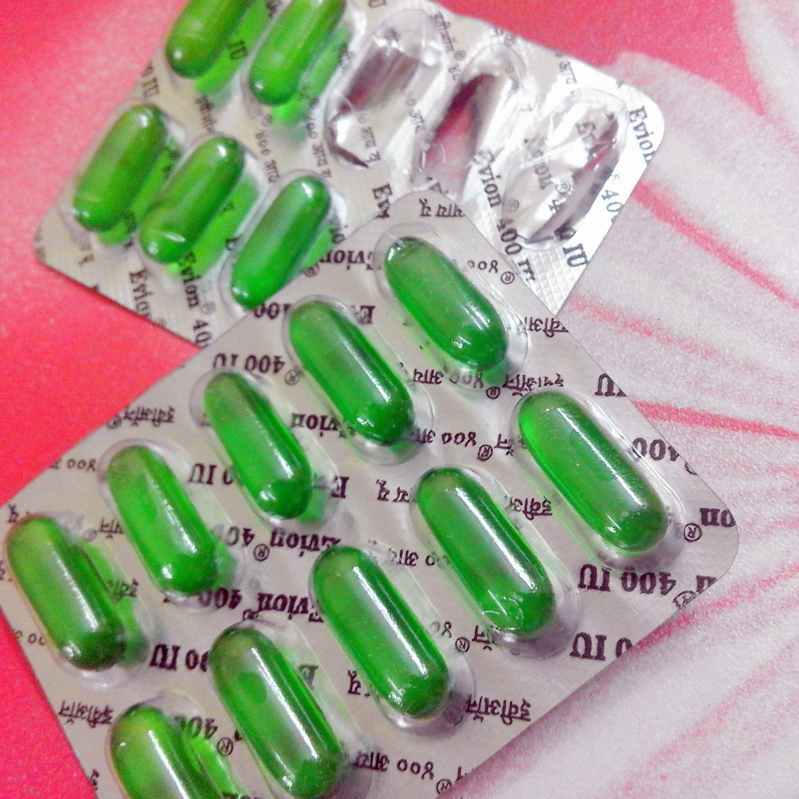 Close-up of Evion Vitamin E capsules for skin and hair care