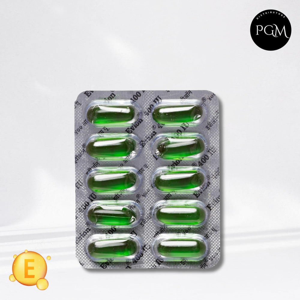 Close-up of Evion Vitamin E 400mg capsules in strips