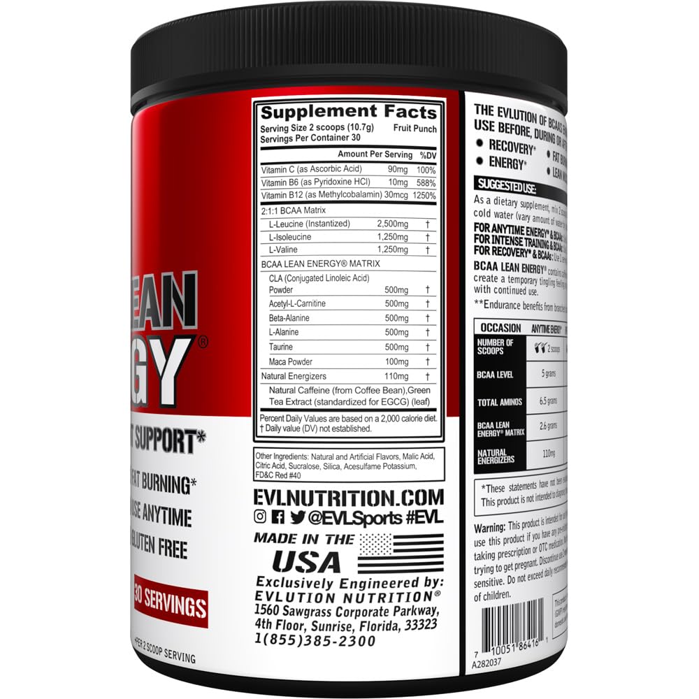 Scoop of EVL BCAA Lean Energy Powder showing 5 g BCAAs per serving