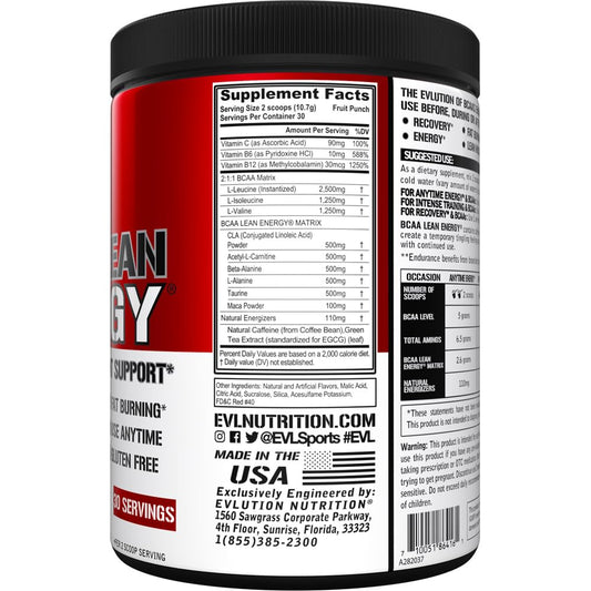 Scoop of EVL BCAA Lean Energy Powder showing 5 g BCAAs per serving