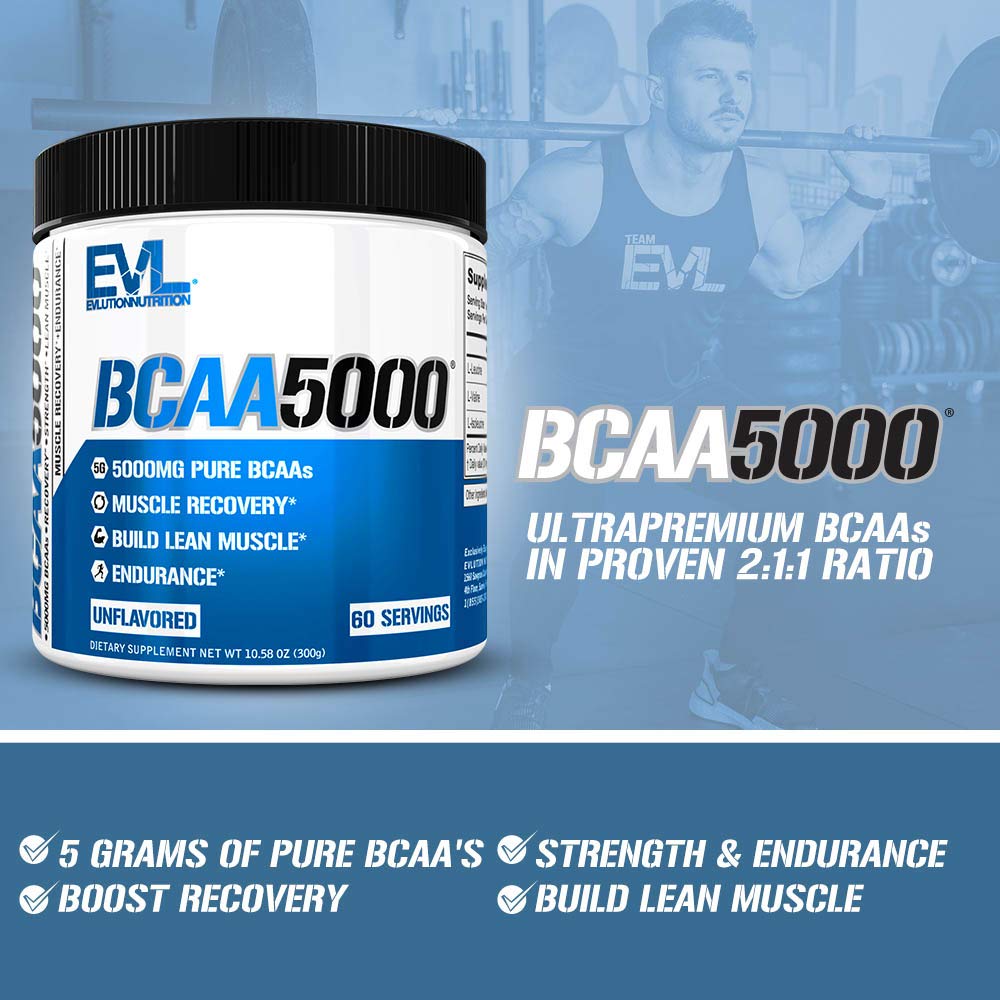 Nutrition facts panel of EVL BCAA5000 5g BCAA