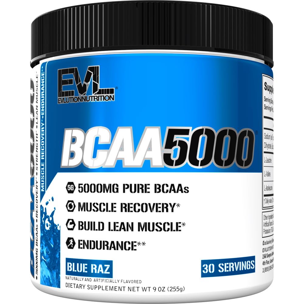 EVL BCAAs amino acids powder Blue Raz 5g serving with scoop