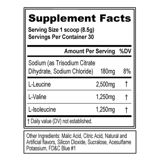 Close-up of EVL BCAAs 5g powder Blue Raz with scoop