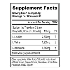 Close-up of EVL BCAAs 5g powder Blue Raz with scoop