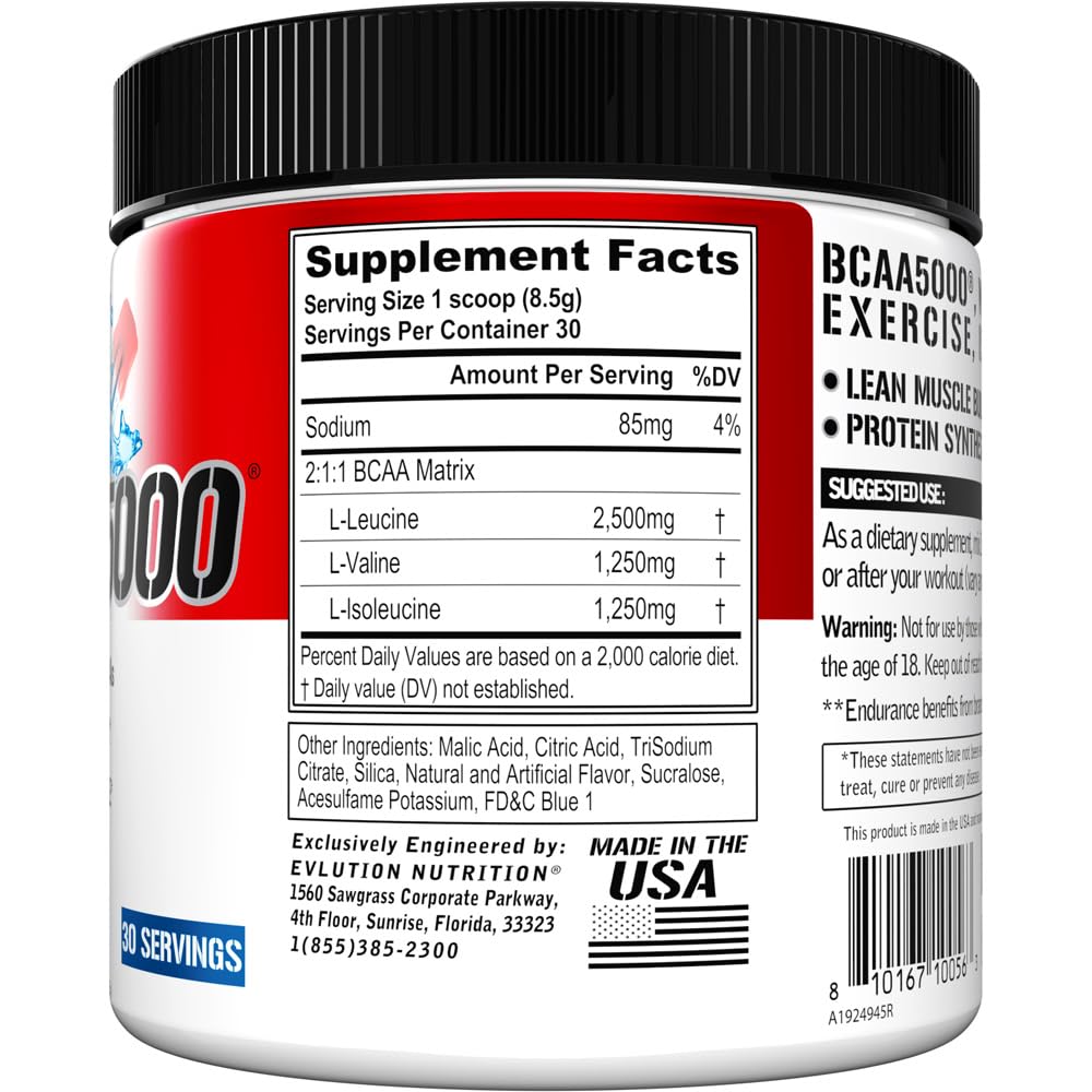 Close-up of 5 g BCAA per serving label showing 2:1:1 ratio