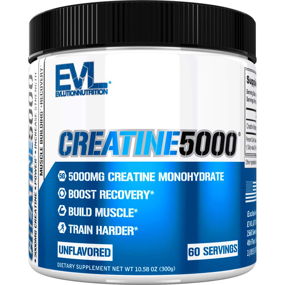 EVL Creatine5000 container with scoop showing 5g serving