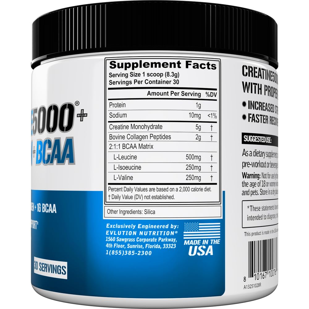 Nutrition label showing 5g Creatine Monohydrate, 2g Collagen Peptides and 1g BCAAs per serving