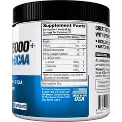 Nutrition label showing 5g Creatine Monohydrate, 2g Collagen Peptides and 1g BCAAs per serving
