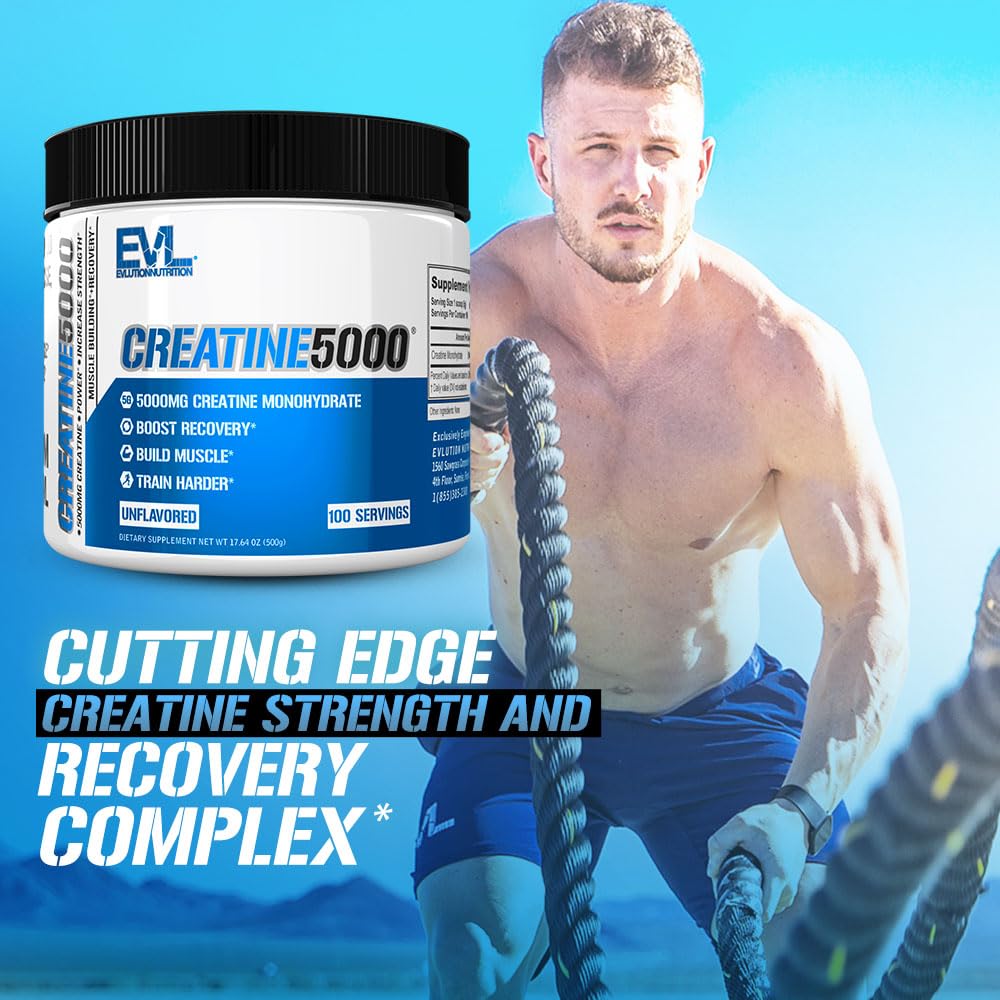 Serving scoop with Creatine Monohydrate powder measuring 5g per serving