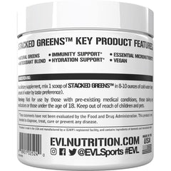 Vegan and GMO-free Stacked Greens 30 servings label