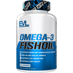 EVL Nutrition Triple Strength Omega-3 Fish Oil bottle with citrus softgels