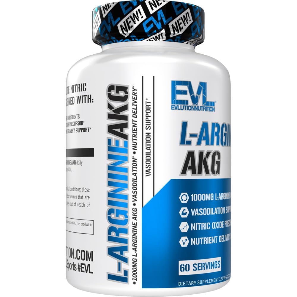 Pack shot of EVLUTION L-Arginine AKG bottle with 120 veggie capsules