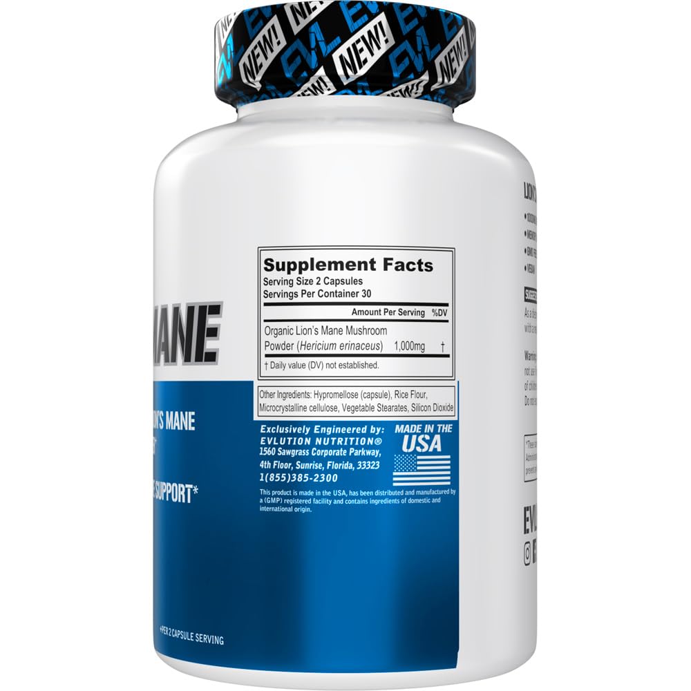 Close-up of EVL Lion’s Mane capsules for brain health