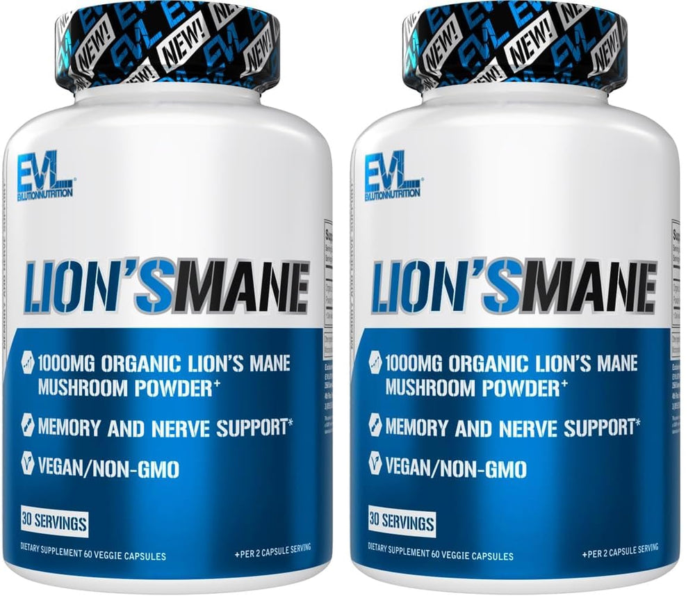 EVL Lion’s Mane mushroom supplement bottle with capsules