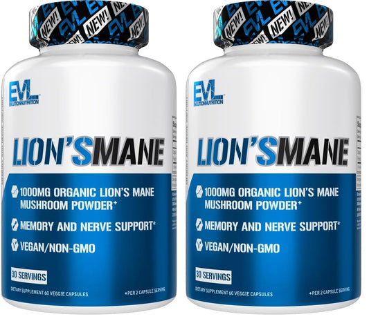 EVL Lion’s Mane mushroom supplement bottle with capsules