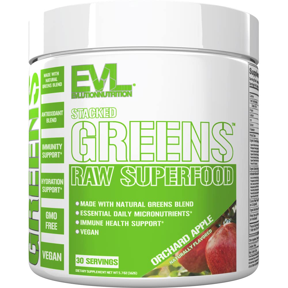Evlution Stacked Greens front packaging showing label and serving count benefits