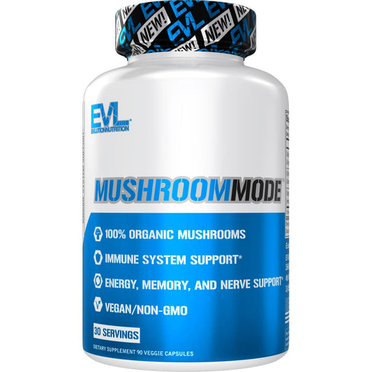 Evlution vegan organic mushroom capsules with Lions Mane, Cordyceps, and Reishi for 30 servings