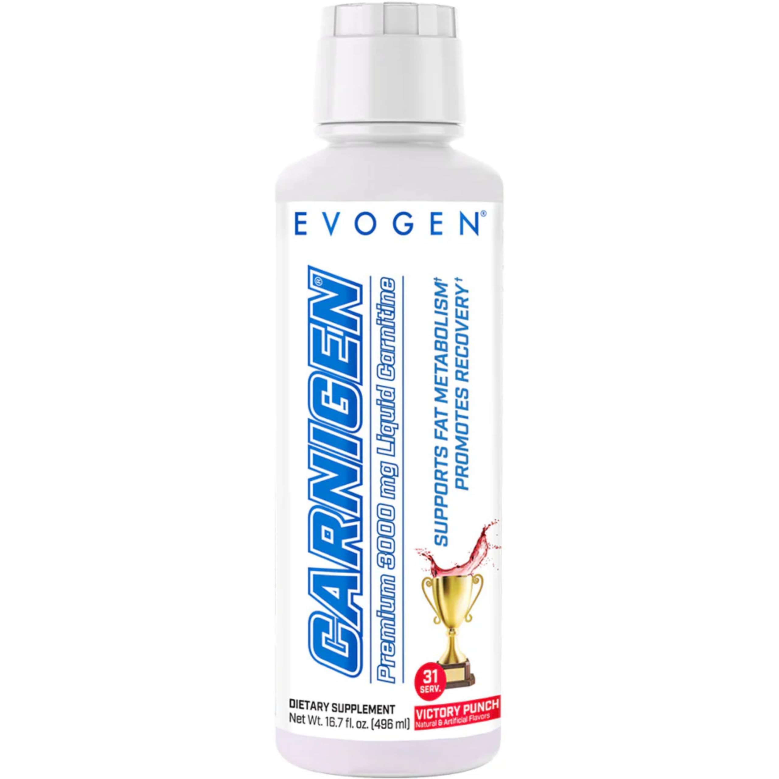 Evogen Carnigen Liquid L-Carnitine bottle with droplet applicator on white background