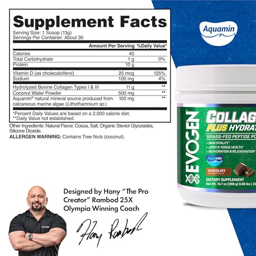 Image showing coconut water powder and Aquamin ingredients in Evogen Collagen Plus Hydration