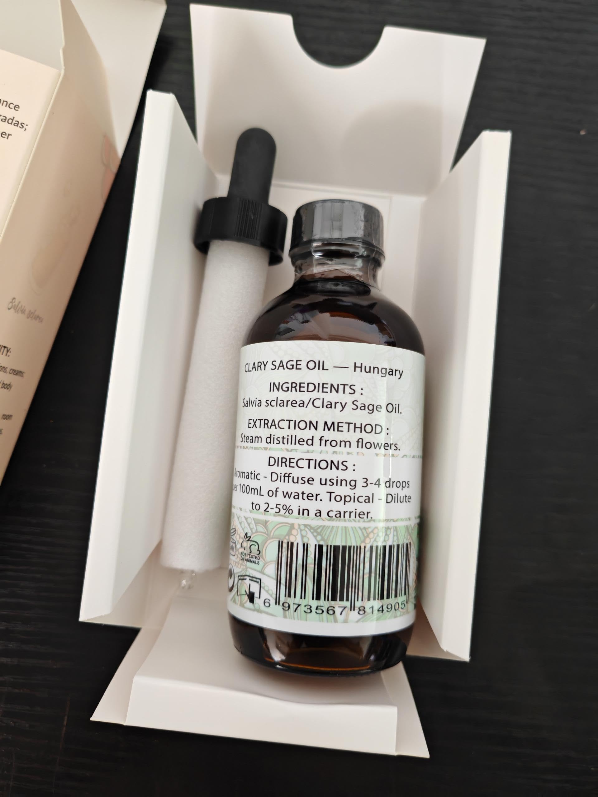 Packaging and amber bottle of EVOKE OCCU Clary Sage oil