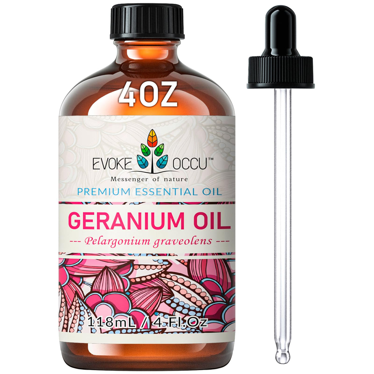 Amber glass EVOKE OCCU Geranium essential oil bottle with dropper