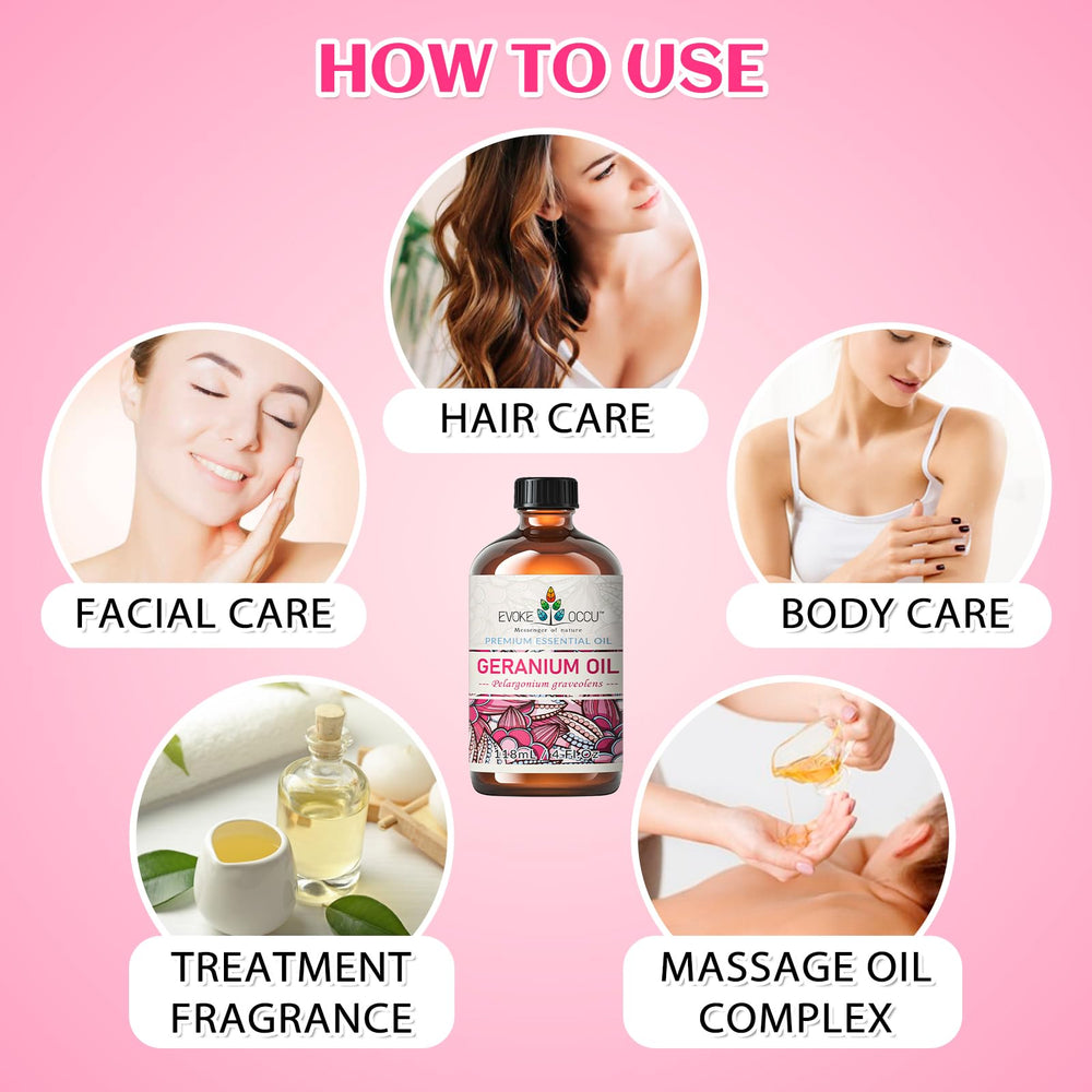 Packaging and bottle of EVOKE OCCU Geranium Essential Oil