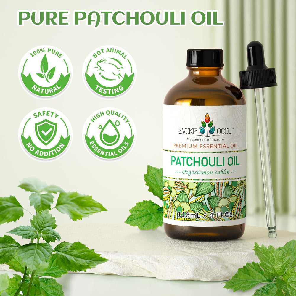 EVOKE OCCU Patchouli Essential Oil bottle with dropper - side view