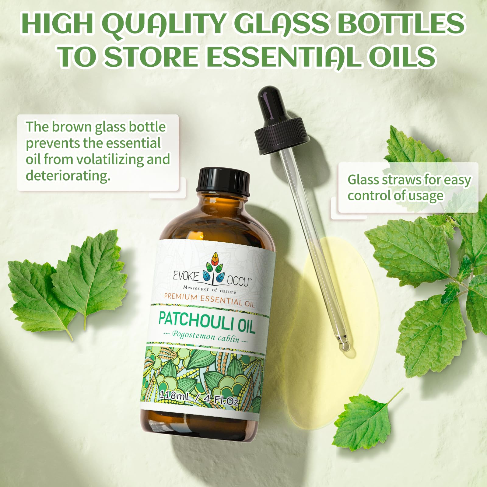 Amber glass bottle of Patchouli essential oil with dropper